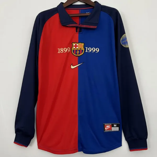 1999 Barcelona Home 100th Anniversary Version Long Sleeve Retro Soccer Jersey